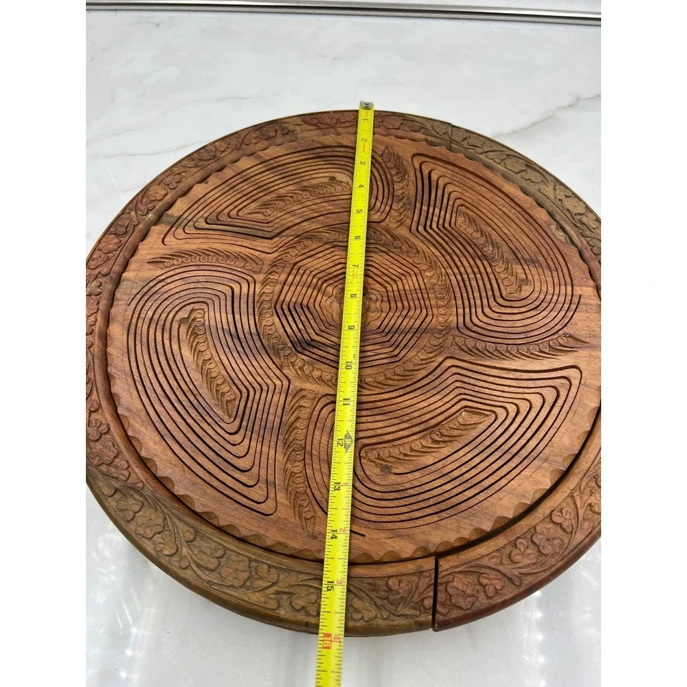 Hand Carved Collapsible Wooden Fruit Basket Spiral Design 5 Compartment Trivet